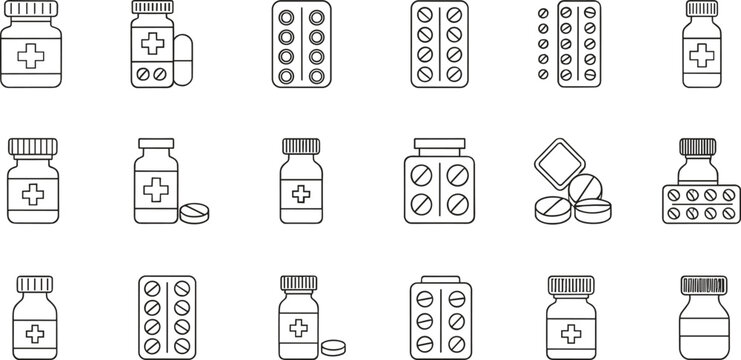 Medicine bottle and pill blister vector icon set featuring tablets, pharmaceuticals, healthcare packaging, supplements, and medical containers