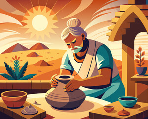 Portrait of a local artisan working on pottery in a village