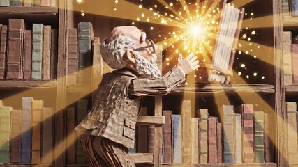Old man on ladder reaching for glowing book in library full of ancient texts