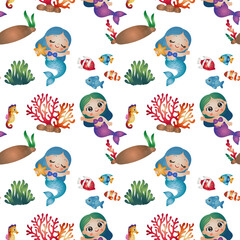 Seamless Pattern with Mermaids and Sea Life Wallpaper Hand Drawn