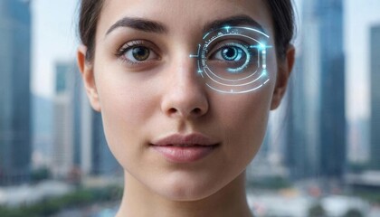 Close-up portrait of a woman and eye scan. the concept of biometrics, new technologies.