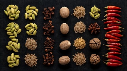 Fototapeta premium Variety of spices and herbs arranged on black background