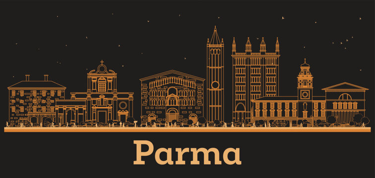 Outline Parma Italy City Skyline with orange Buildings. Illustration. Business Travel and Tourism Concept with Modern Architecture. Parma Cityscape with Landmarks.