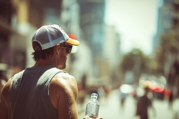A white man holds a water bottle and wears sunglasses in the sweltering heat , Global warming