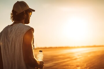 A white man holds a water bottle and wears sunglasses in the sweltering heat , Global warming