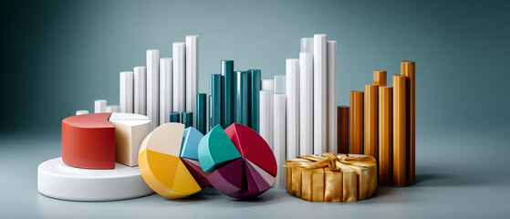 Colorful business summary featuring pie charts, bar graphs, and cylindrical shapes, creating vibrant and dynamic visual representation of data