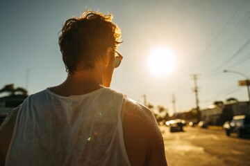 A white man holds a water bottle and wears sunglasses in the sweltering heat , Global warming