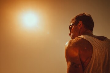 A white man holds a water bottle and wears sunglasses in the sweltering heat , Global warming
