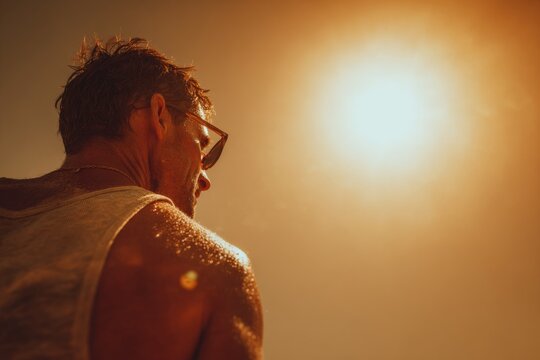 A white man holds a water bottle and wears sunglasses in the sweltering heat , Global warming