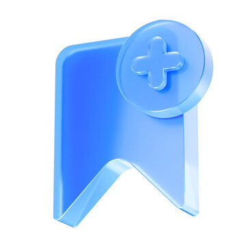 3D Glass bookmark plus icon, save favorite content and add marker concept. Transparent liquid Glass icon, glassmorphism icon, crystal clear. 3d illustration.