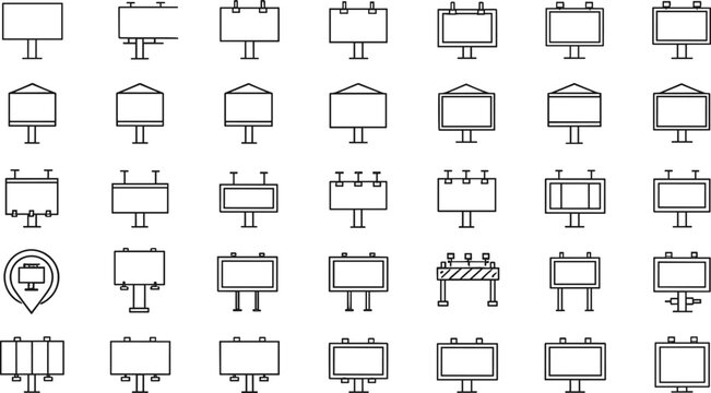 Billboard vector icon set featuring outdoor advertising signs, blank display boards, street signage, promotional frames, and marketing panels