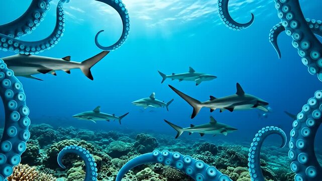 Sharks swimming among vibrant blue octopus tentacles in a coral reef.