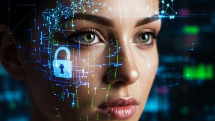 Woman's face with digital circuit and padlock on transparent background representing cybersecurity and technology on transparent background