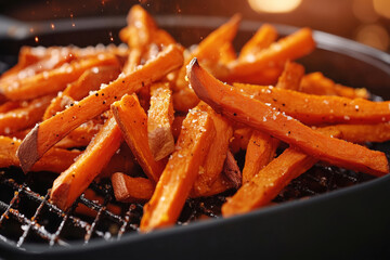 Air fryer cooking crispy sweet potato fries, close-up of the basket and perfectly cooked fries, kitchen scene