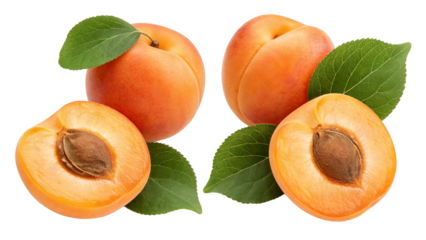 Fresh apricots, whole and halved with green leaves, isolated on white background. Ripe, juicy, orange apricots showcase vibrant color and natural texture, ideal for food and nutrition themes.