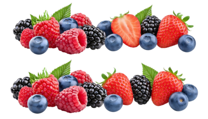 A vibrant composition of fresh, ripe berries—raspberries, strawberries, blueberries, blackberries—with green leaves. Ideal for healthy eating, organic food, and nutritional themes.