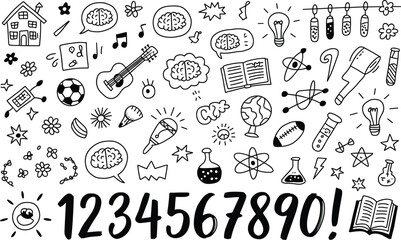 Black and white doodle of numbers and educational 1234567890