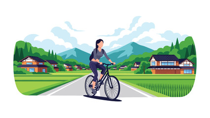 Flat vector illustration of a woman cycling through Japanese countryside scenery, eco travel and outdoor adventure concept in solid color design