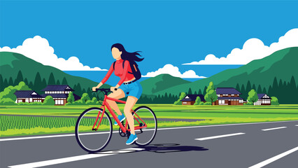 Flat vector illustration of a woman cycling through Japanese countryside scenery, eco travel and outdoor adventure concept in solid color design