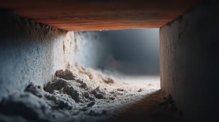 Close up view inside a dusty air duct showcasing thick layers of dust and debris illuminated by soft light, revealing hidden textures and details