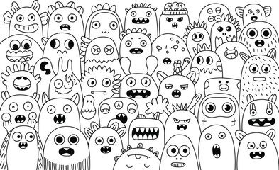 25 cartoon monsters with various expressions in black and white
