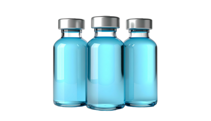 Three glass vials filled with a blue liquid, silver caps, against a black background