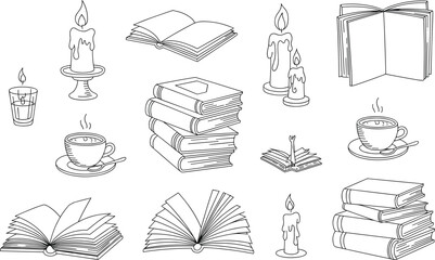Black and white of books and candles with tea cups