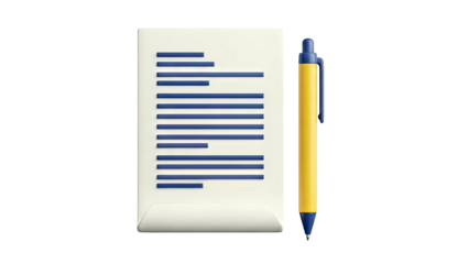 3D Render of a Yellow and Blue Pen next to a Document with Blue Lines