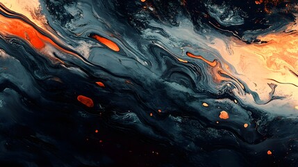 Striking abstract background featuring deep midnight blues and contrasting fiery orange textures swirling together in a dramatic oceanic or cosmic flow pattern