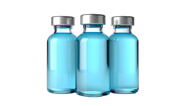 Three glass vials filled with a blue liquid, silver caps, against a black background