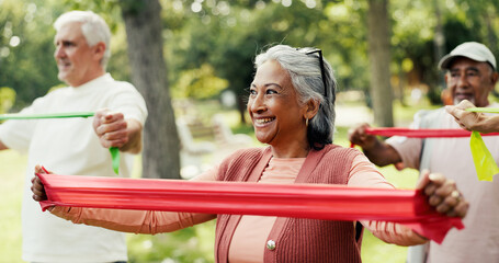 Resistance band, exercise and senior people in nature for fitness class with stretching for mobility. Happy, equipment and group of elderly friends with arm workout for health and wellness in park.