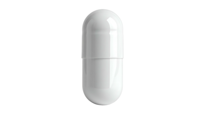 A perfectly-lit white capsule, dissected, set against a stark black background