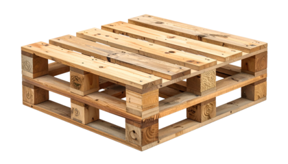 Wooden pallet for transporting goods, square, light brown with nails, isolated on black background