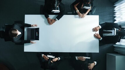 Top down aerial view of professional business team wear vr headset to enter virtual world while sitting and using hand gestures to manipulate the data from the manager laptop. Technology. Directorate. - Powered by Adobe