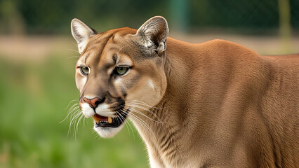 Obraz premium Cougar mountain lion walking through grassy field with open mouth showing teeth in natural habitat while sunlight illuminates golden fur and muscular body of wild feline predator during day time