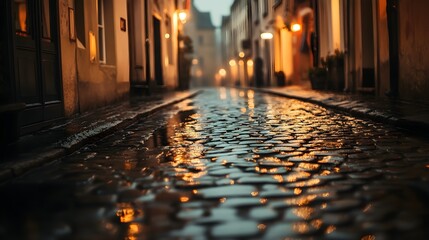 Wet cobblestone street reflects warm golden lights from old European buildings during a quiet moody evening atmosphere
