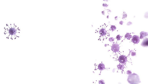 Illustration of purple virus particles on white background. Depicts microscopic viral structures, suitable for medical, biology, or science-related contexts.