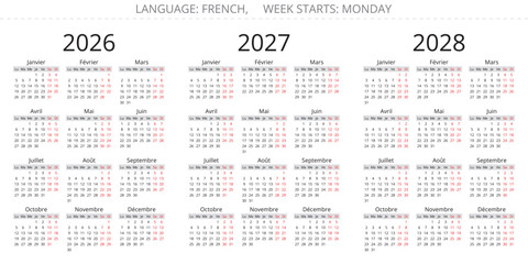 Vector french calendar templates for 2026 2027 2028 years france version