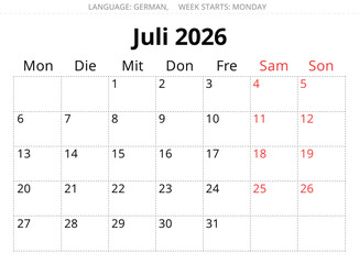 July 2026 German calendar &ndash; Juli. Vector illustration for Germany