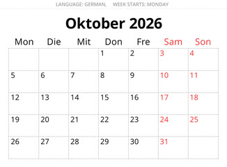 October 2026 German calendar &ndash; Oktober. Vector illustration for Germany