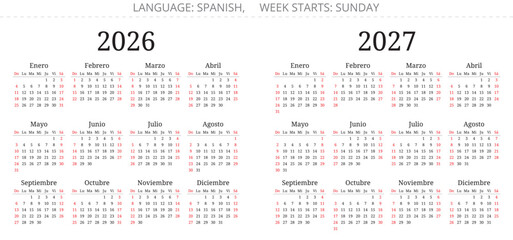 Spanish calendar for 2026 and 2027 years sunday week start