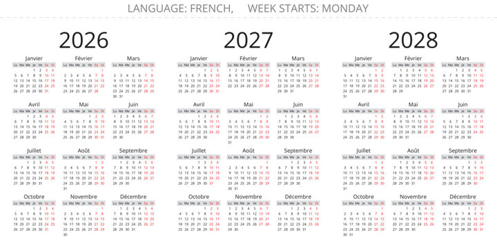 Vector french calendar templates for 2026 2027 2028 years france version