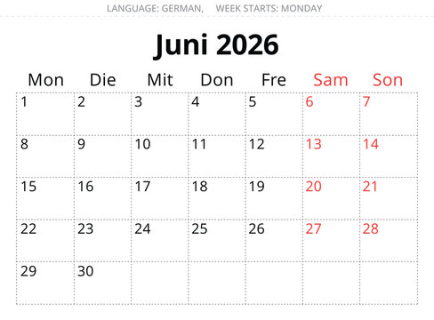 June 2026 German calendar &ndash; Juni. Vector illustration for Germany