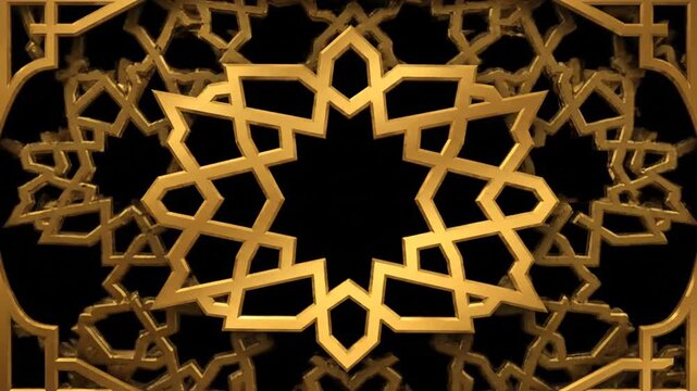 Abstract golden islamic geometric patterns on black background motion graphics animated background
