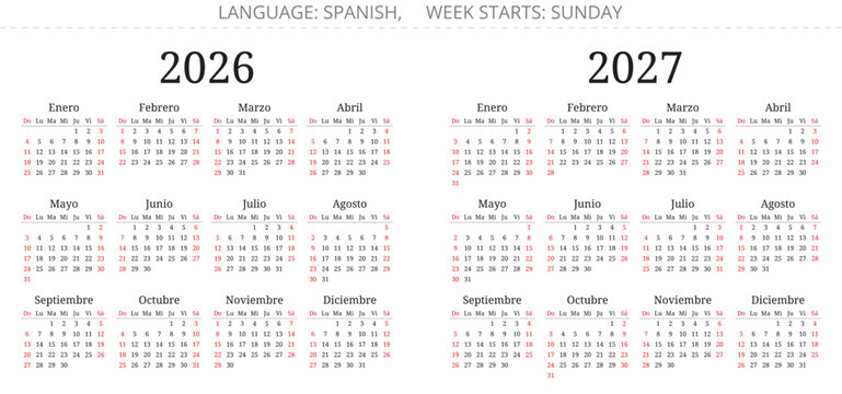 Spanish calendar for 2026 and 2027 years sunday week start - Powered by Adobe