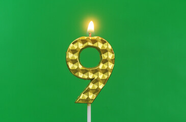 Burning gold birthday candle on green background, number 9