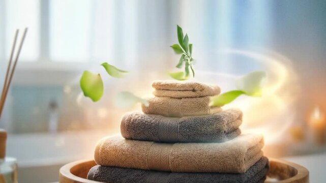 The image showcases a spa-like setting with a stack of towels, a reed diffuser, and green leaves, suggesting relaxation and cleanliness. Soft lighting and floating petals add to the serene atmosphere.