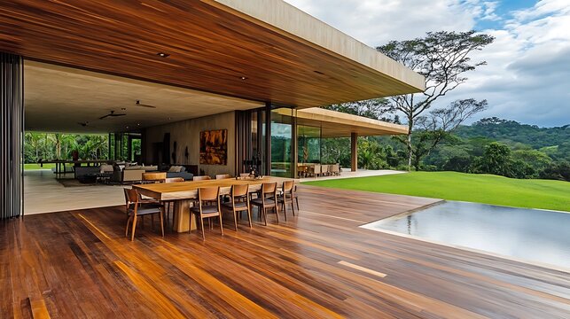 Luxurious modern architectural home features an expansive indoor outdoor living space seamlessly connected to a vast tropical jungle vista overlooking an infinity pool deck