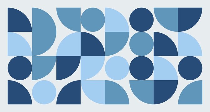 A modern horizontal banner features a tessellation of blue circles and semicircles in varying shades, creating a clean Bauhaus-inspired geometric pattern.