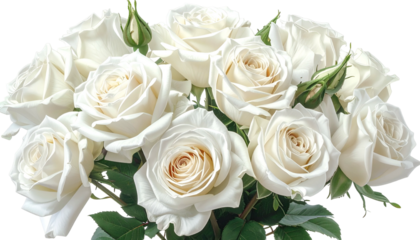 Close-up of a dozen creamy white roses, petals open, with some buds and green leaves